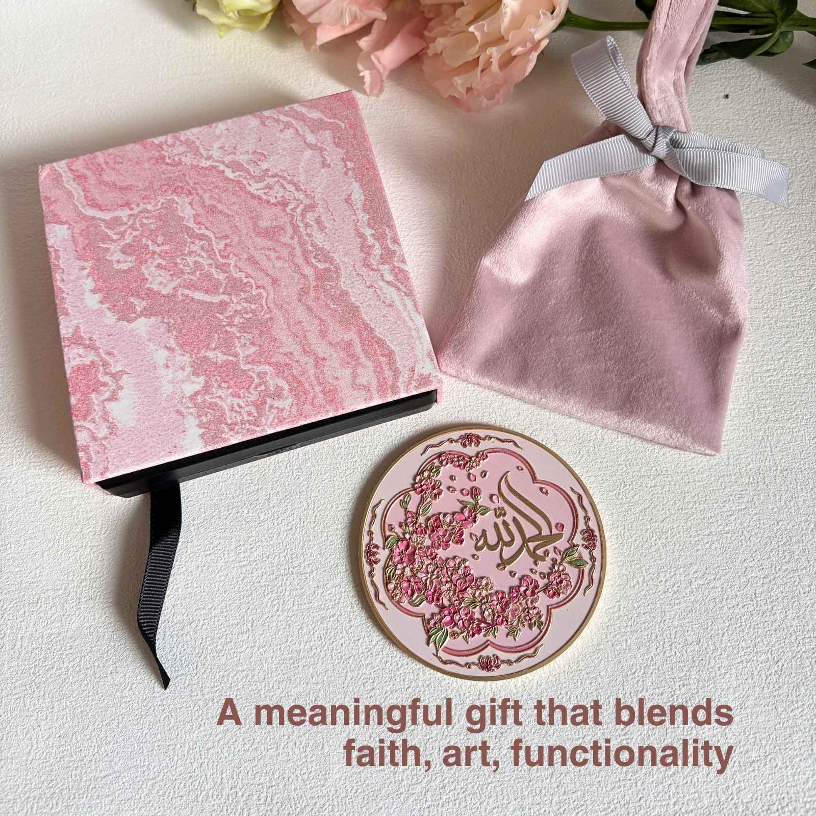 Gift-ready MyDina compact mirror with pink marbled box and velvet pouch included