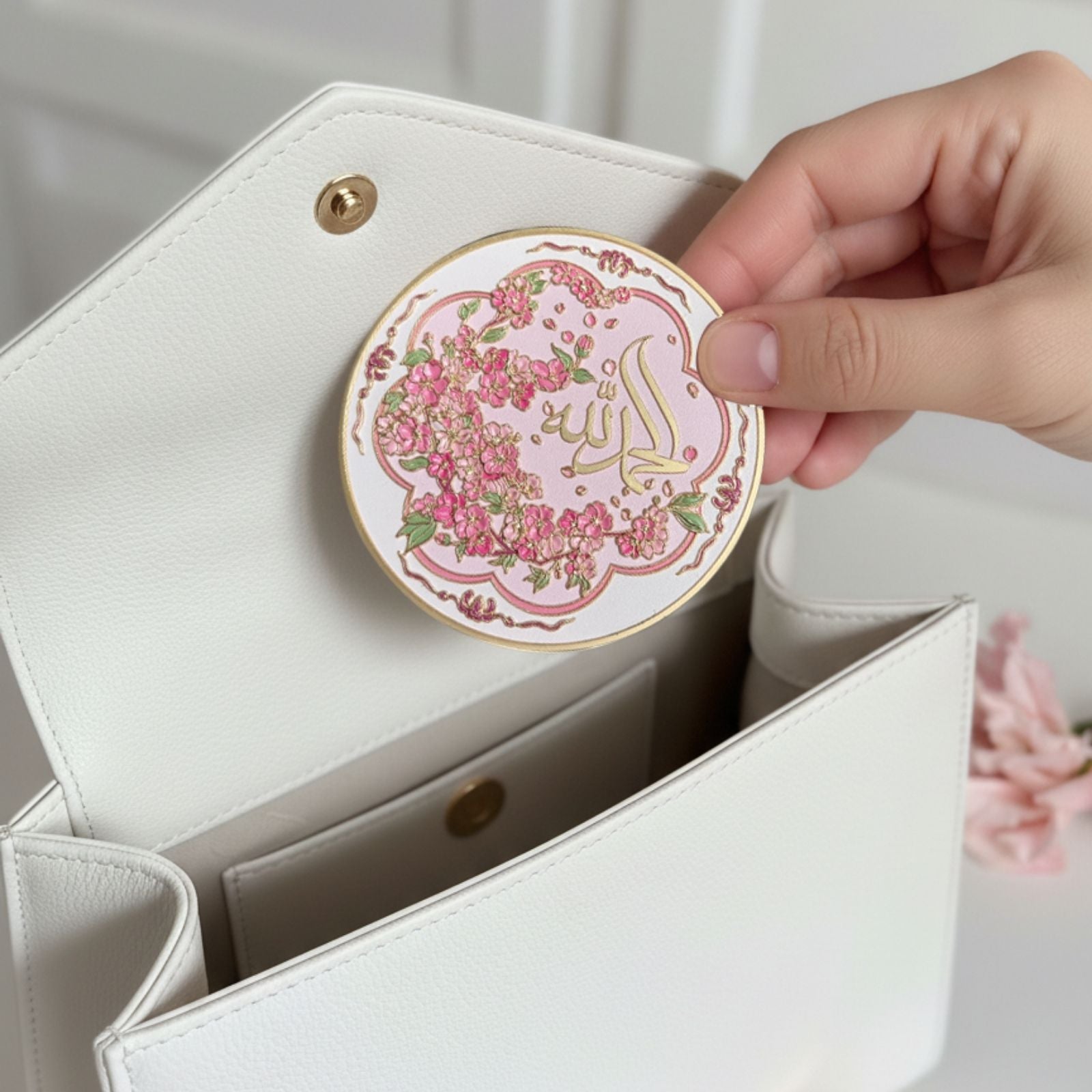 Portable 8cm Alhamdulillah Pocket Mirror in hand into bag